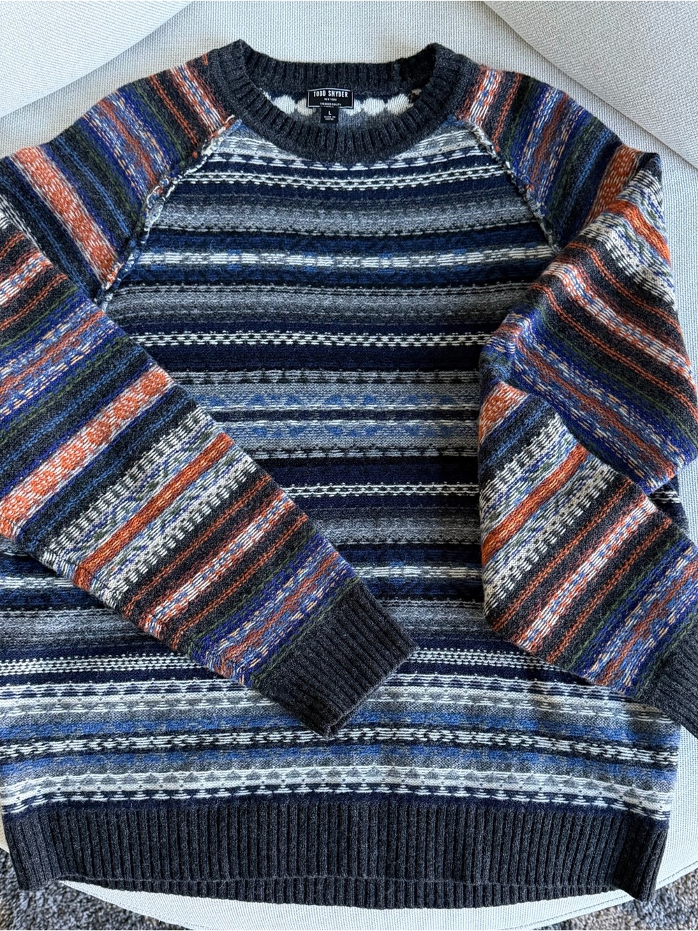 Todd Snyder Striped Crewneck Sweater in Navy, Gray, Orange
